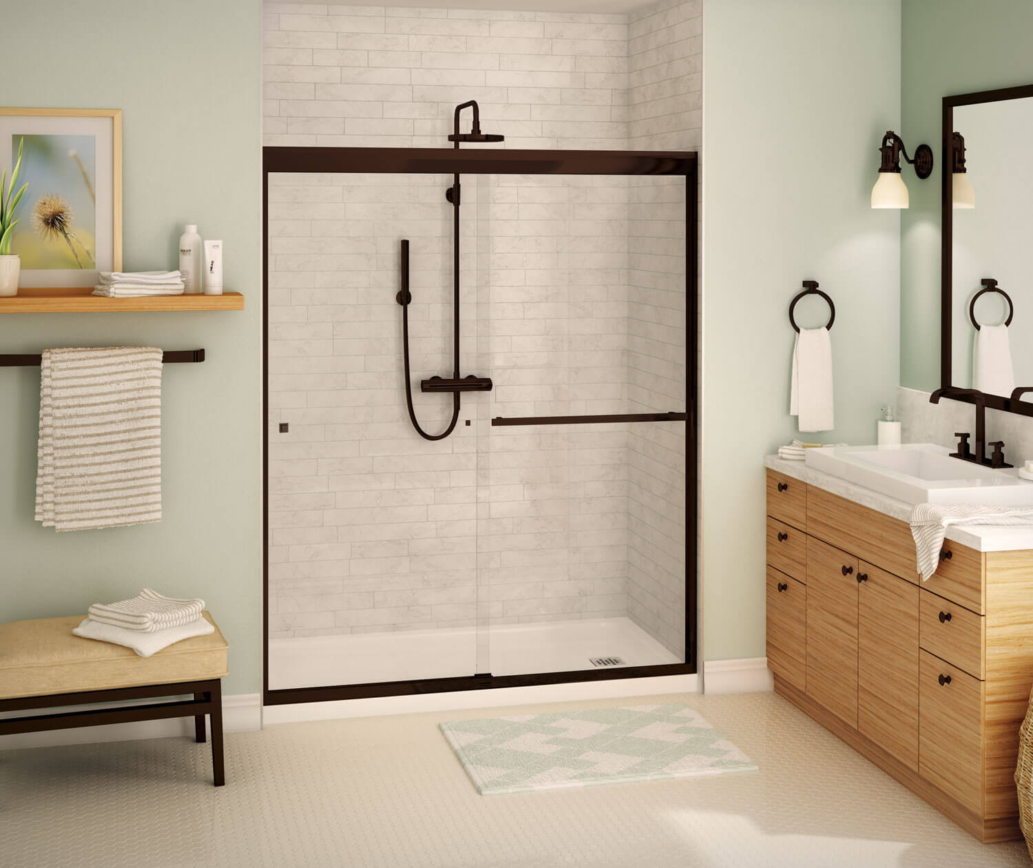 Aura SC 55-59 in. x 71 in. 8 mm Bypass Shower Door for Alcove Installation with Clear glass in Dark Bronze - Plumbing Market