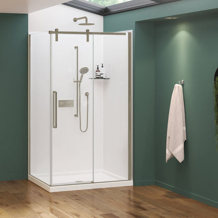 Nebula 44 ½-46 ½ x 78 ¾ in. 8mm Sliding Shower Door for Alcove Installation with Clear glass in Brushed Nickel - Plumbing Market
