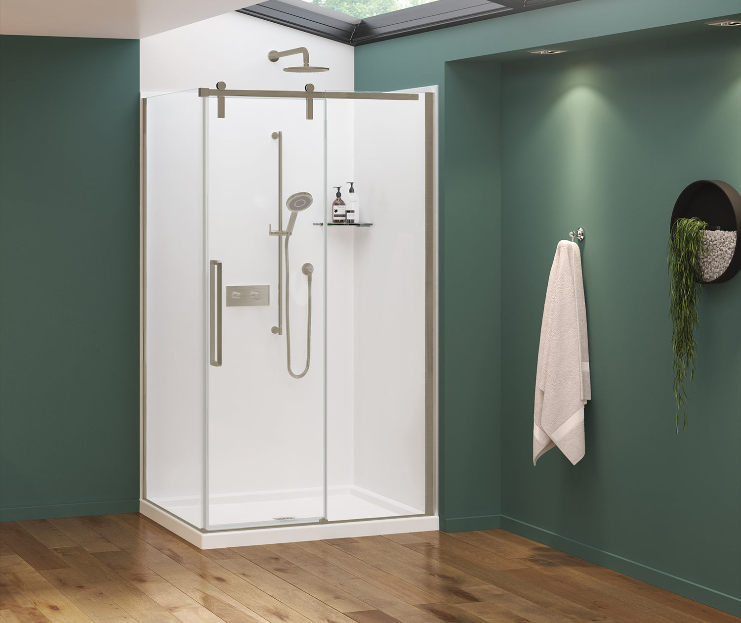 Nebula 44 ½-46 ½ x 78 ¾ in. 8mm Sliding Shower Door for Alcove Installation with Clear glass in Brushed Nickel - Plumbing Market