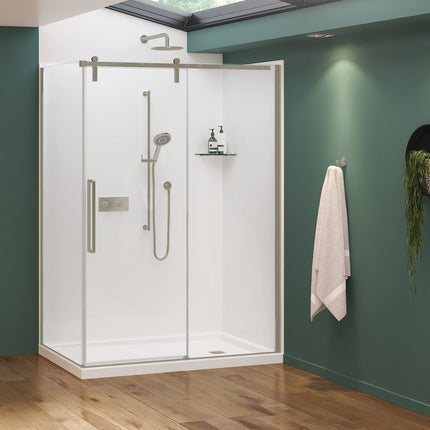 Nebula 56 ½-58 ½ x 78 ¾ in. 8mm Sliding Shower Door for Alcove Installation with Clear glass in Brushed Nickel - Plumbing Market