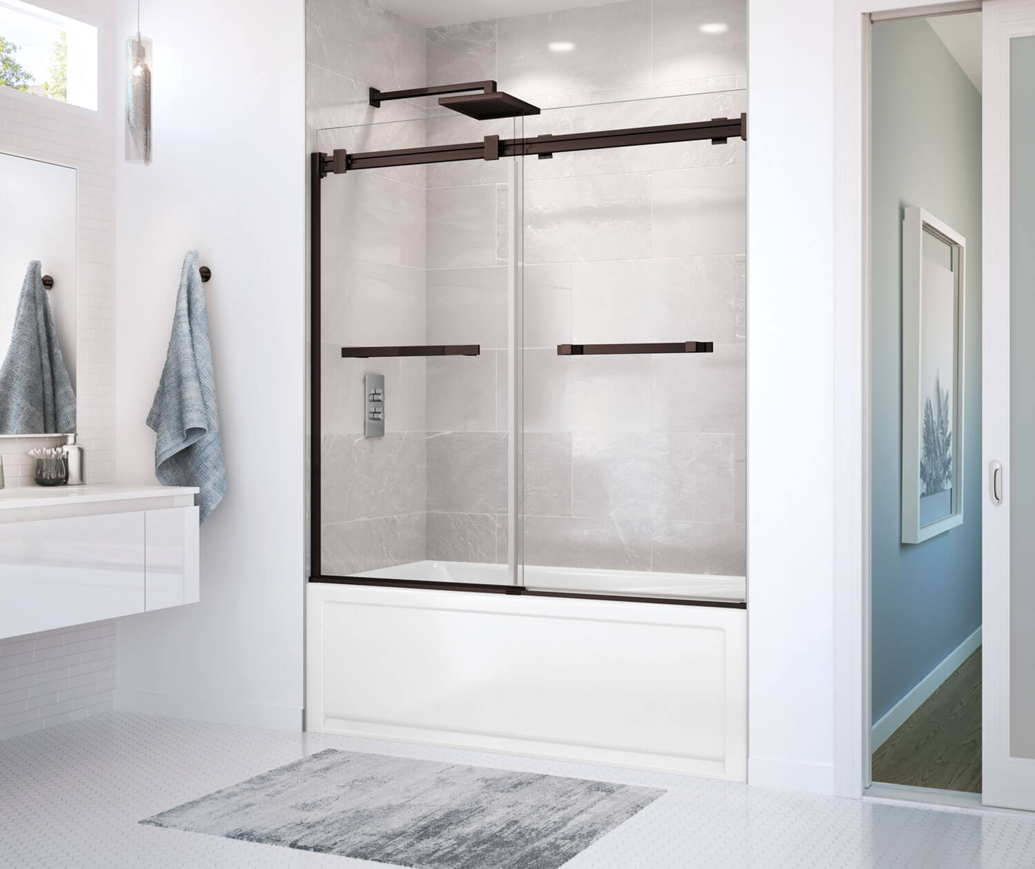 Duel 56-59 x 55 ½-59 in. 8 mm Bypass Tub Door for Alcove Installation with Clear glass in Dark Bronze - Plumbing Market