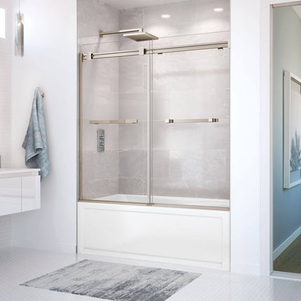 Duel 56-59 x 55 ½-59 in. 8 mm Bypass Tub Door for Alcove Installation with Clear glass in Brushed Nickel - Plumbing Market