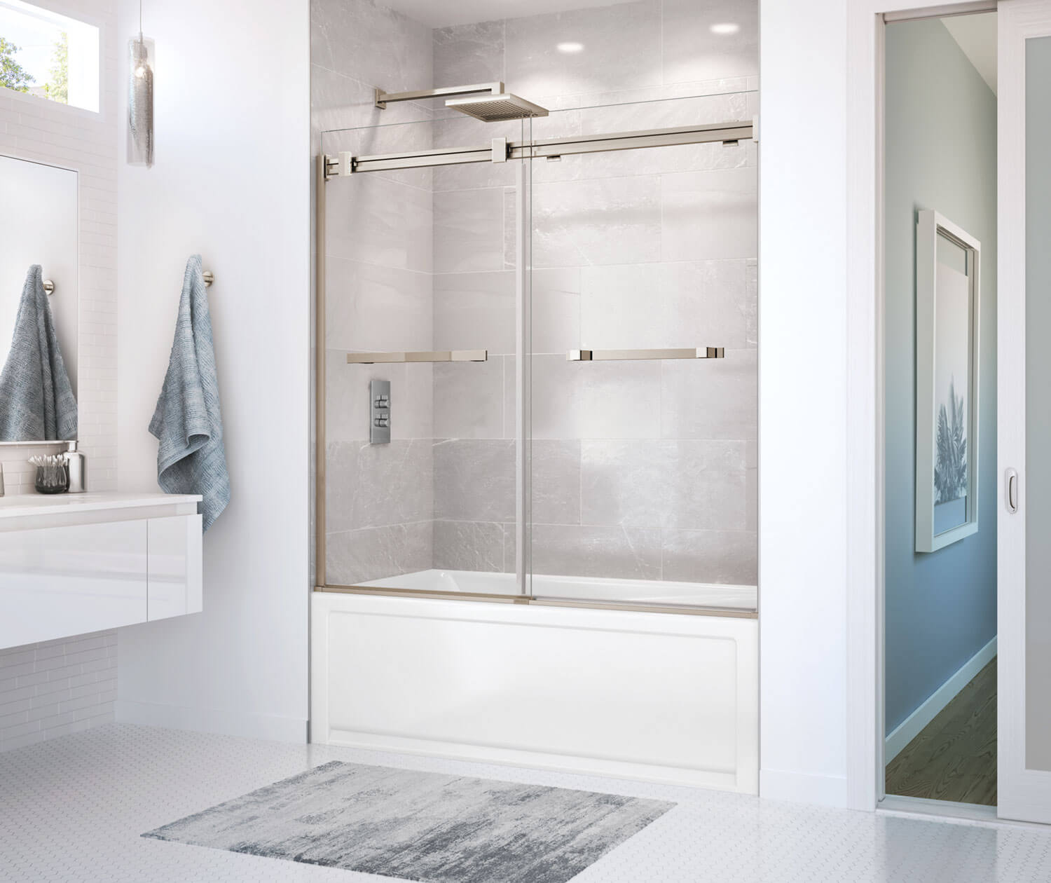 Duel 56-59 x 55 ½-59 in. 8 mm Bypass Tub Door for Alcove Installation with Clear glass in Brushed Nickel - Plumbing Market