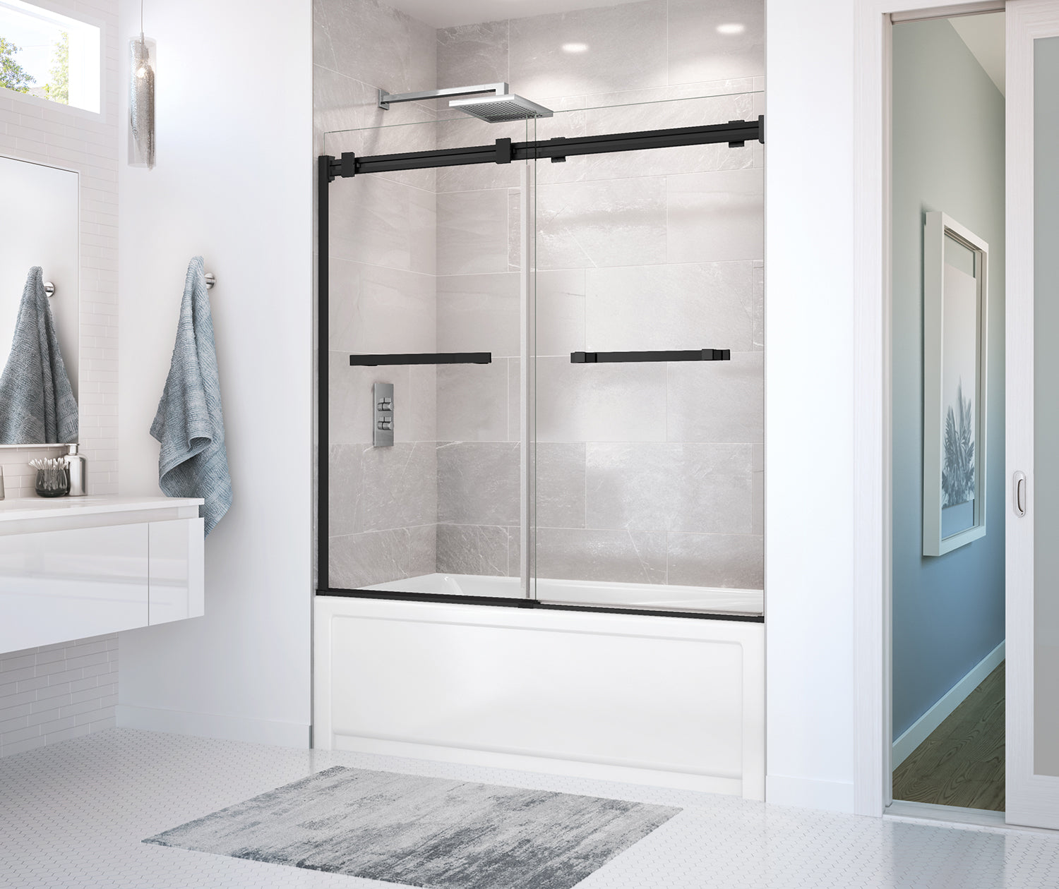 Duel 56-59 x 55 ½-59 in. 8 mm Bypass Tub Door for Alcove Installation with Clear glass in Matte Black - Plumbing Market
