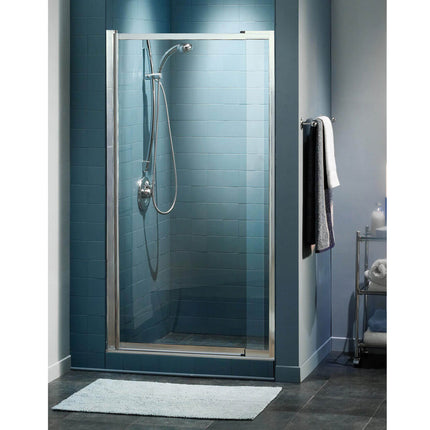 Pivolok Deluxe 32 ½-37 x 64 ½ in. Pivot Shower Door for Alcove Installation with Clear glass in Chrome - Plumbing Market