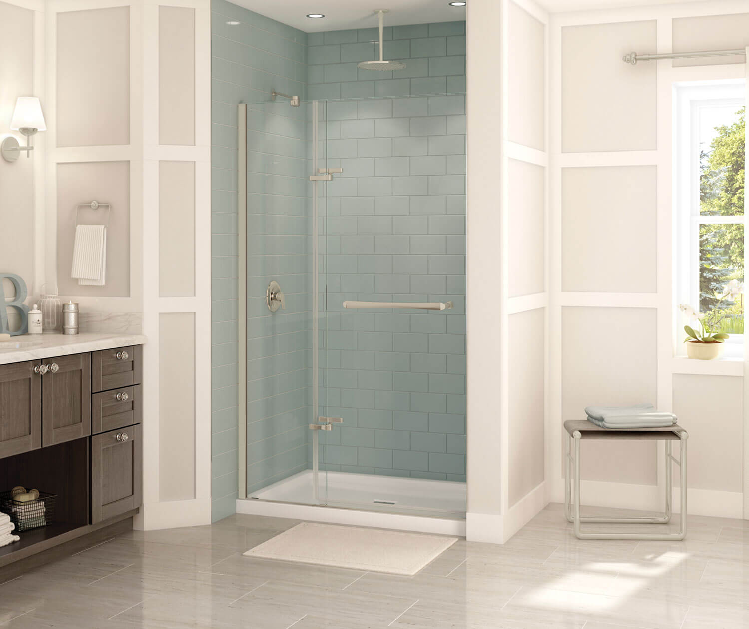 Reveal 71 44-47 x 71 ½ in. 8mm Pivot Shower Door for Alcove Installation with Clear glass in Brushed Nickel - Plumbing Market