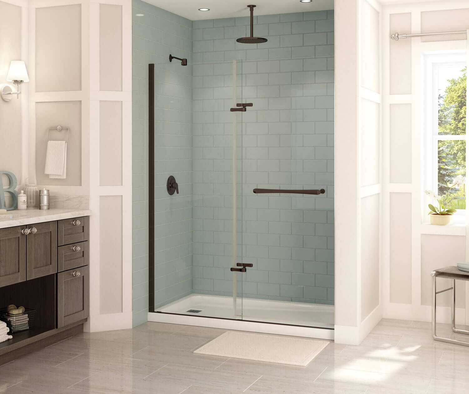 Reveal 71 56-59 x 71 ½ in. 8mm Pivot Shower Door for Alcove Installation with Clear glass in Dark Bronze - Plumbing Market