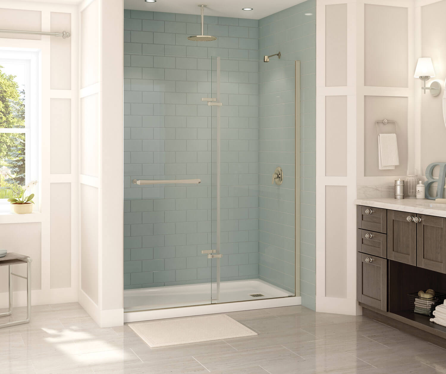 Reveal 71 56-59 x 71 ½ in. 8mm Pivot Shower Door for Alcove Installation with Clear glass in Brushed Nickel - Plumbing Market