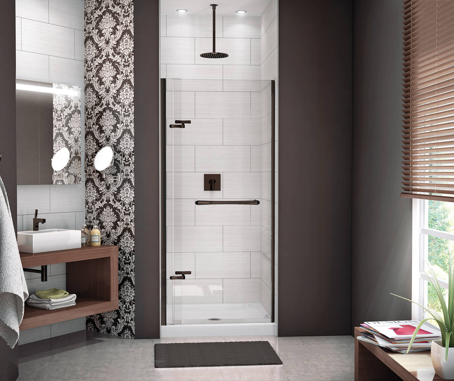 Reveal 71 32 ½-35 ½ x 71 ½ in. 8mm Pivot Shower Door for Alcove Installation with Clear glass in Dark Bronze - Plumbing Market