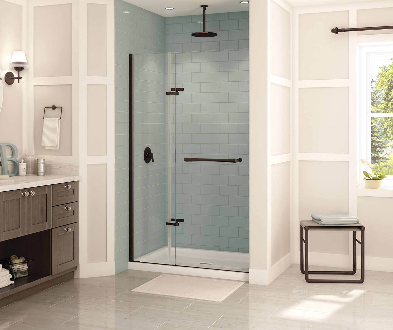 Reveal 71 41 ½-44 ½ x 71 ½ in. 8mm Pivot Shower Door for Alcove Installation with Clear glass in Dark Bronze - Plumbing Market