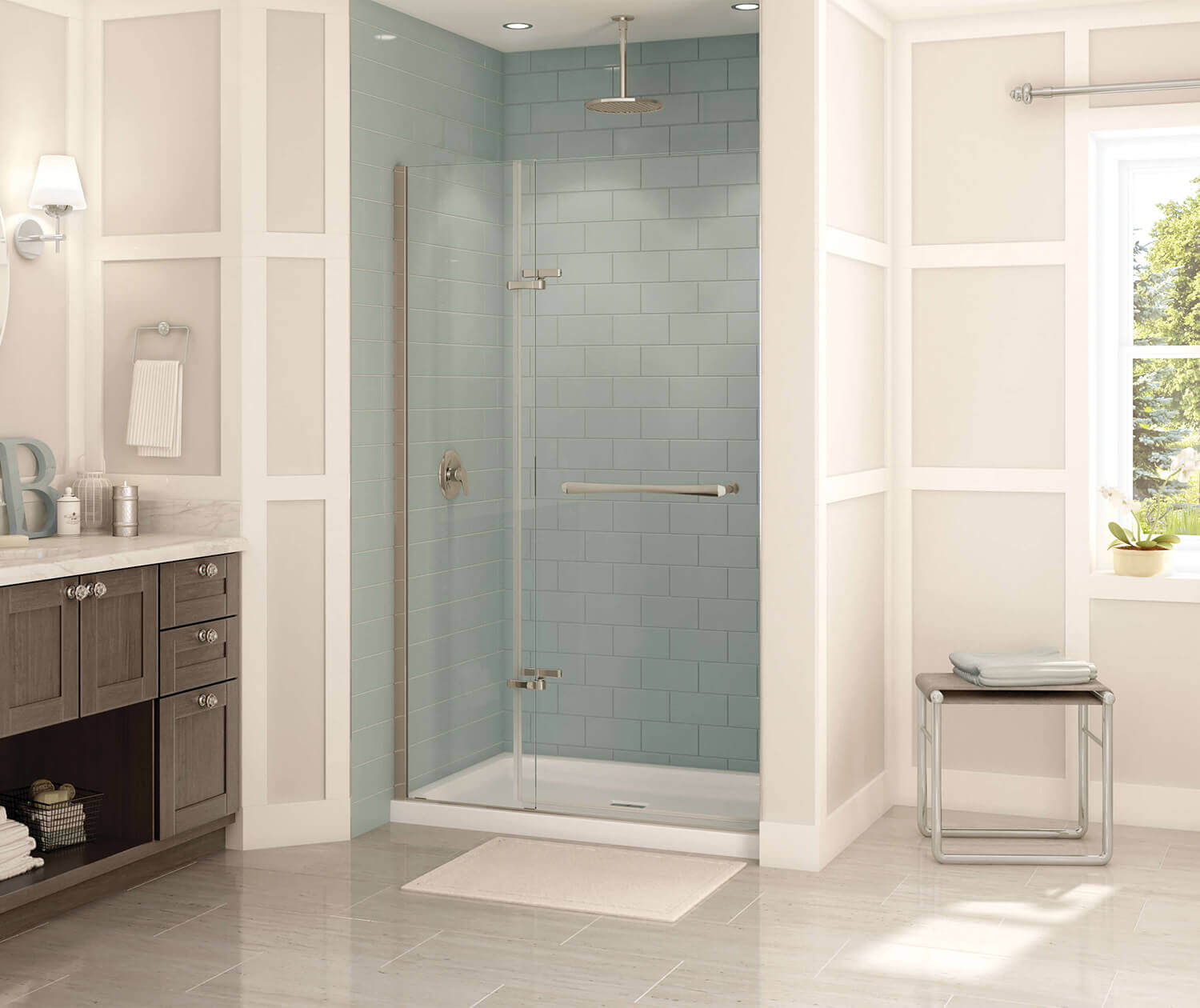 Reveal 71 41 ½-44 ½ x 71 ½ in. 8mm Pivot Shower Door for Alcove Installation with Clear glass in Brushed Nickel - Plumbing Market