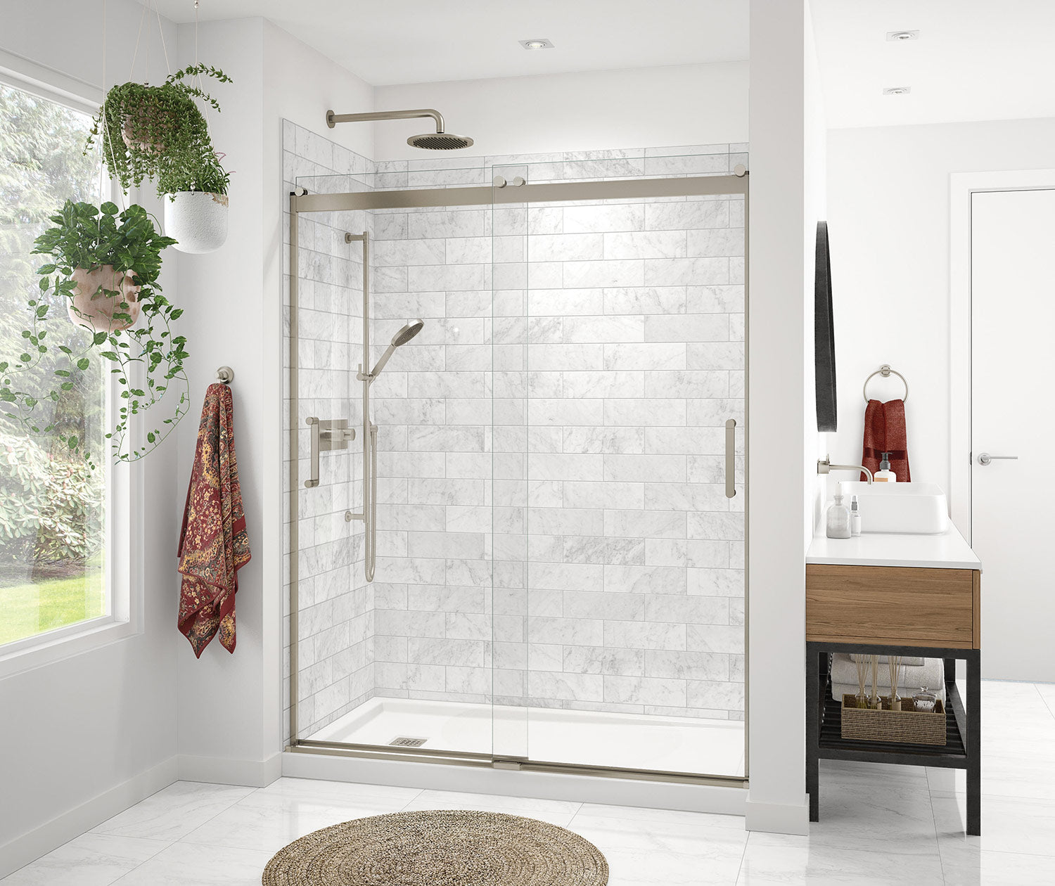 Revelation Round 56-59 in. x 70 ½-73 in. 6 mm Bypass Shower Door for Alcove with Clear glass in Brushed Nickel - Plumbing Market