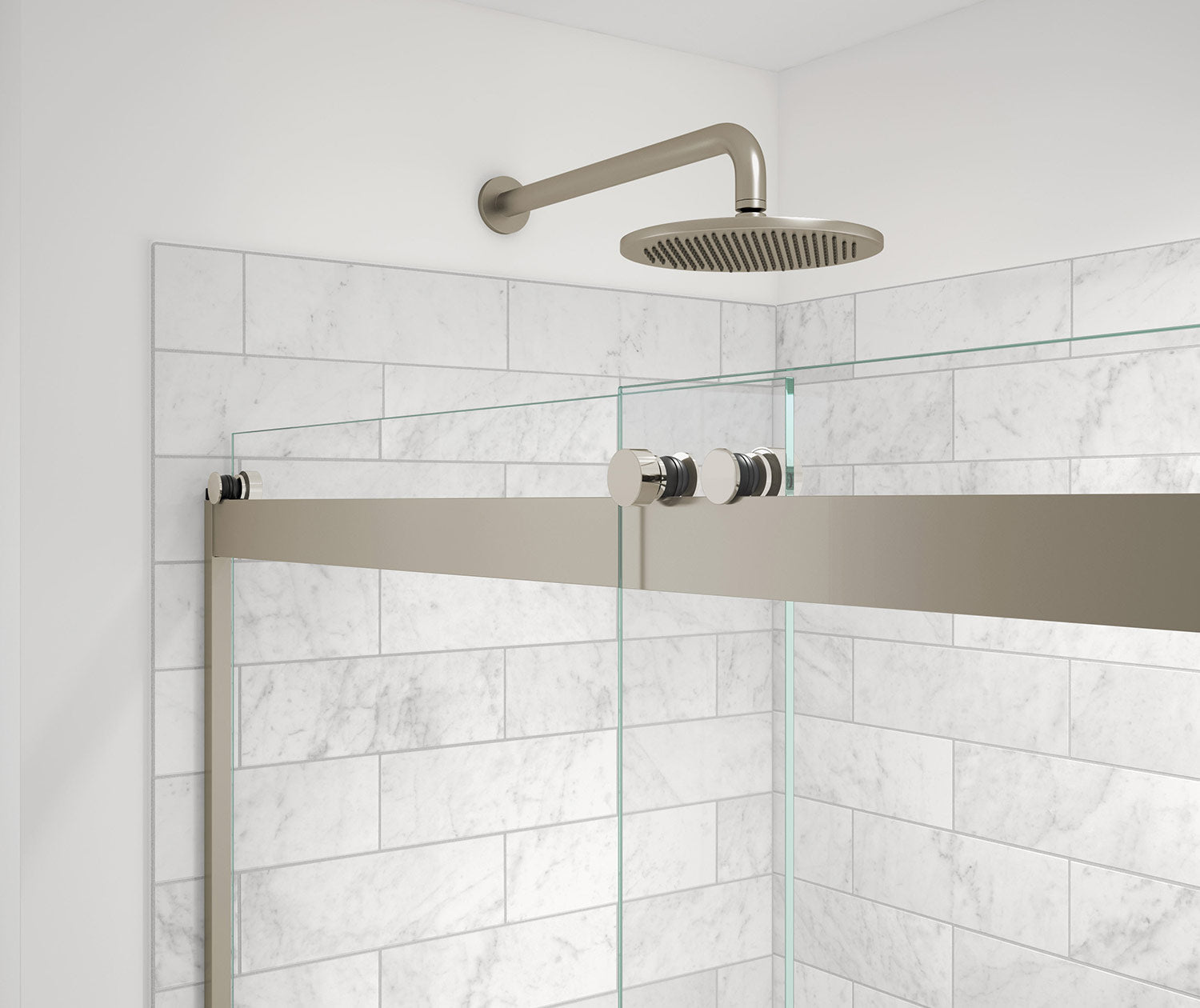 Revelation Round 44-47 x 70 ½-73 in. 8mm Bypass Shower Door for Alcove Installation with Clear glass in Brushed Nickel - Plumbing Market