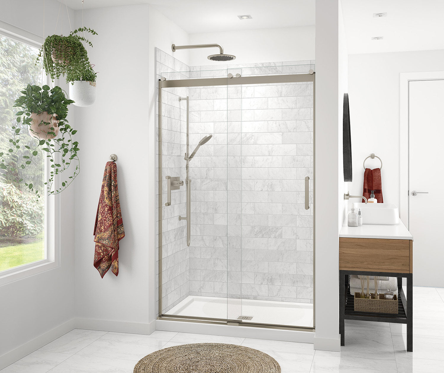 Revelation Round 44-47 x 70 ½-73 in. 8mm Bypass Shower Door for Alcove Installation with Clear glass in Brushed Nickel - Plumbing Market