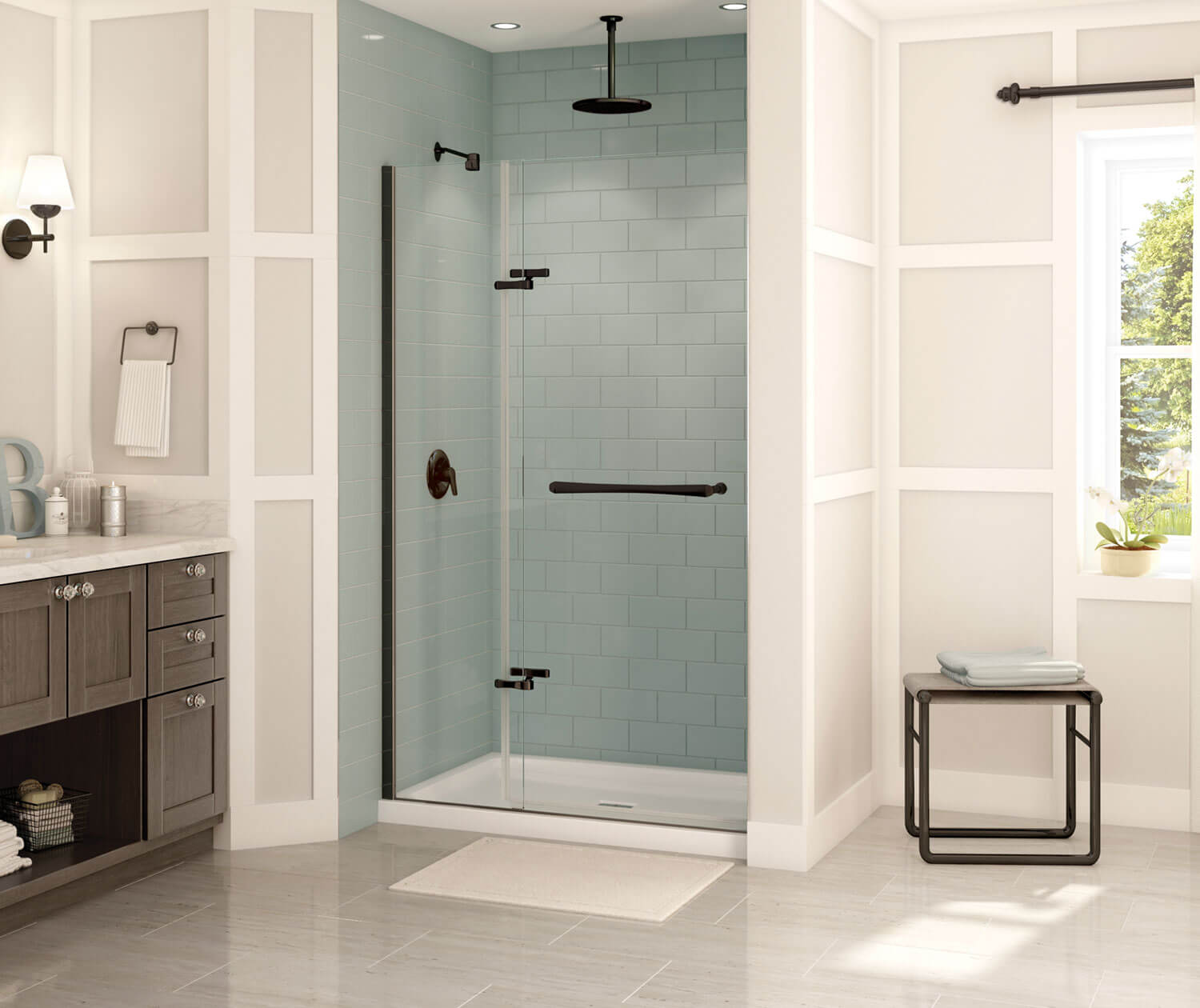 Reveal 71 51 ½-54 ½ x 71 ½ in. 8mm Pivot Shower Door for Alcove Installation with Clear glass in Dark Bronze - Plumbing Market