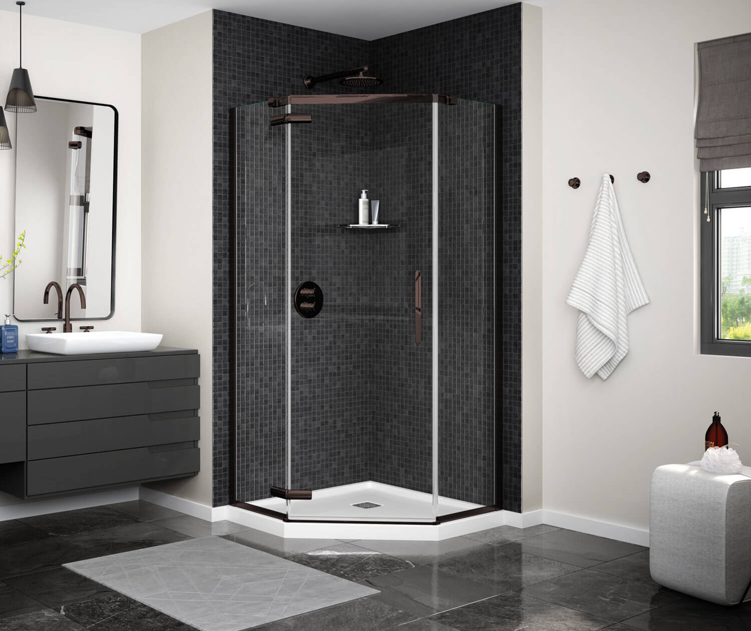 Link Curve Neo-angle 38 x 38 x 75 in. 8mm Pivot Shower Door for Corner Installation with Clear glass in Dark Bronze - Plumbing Market