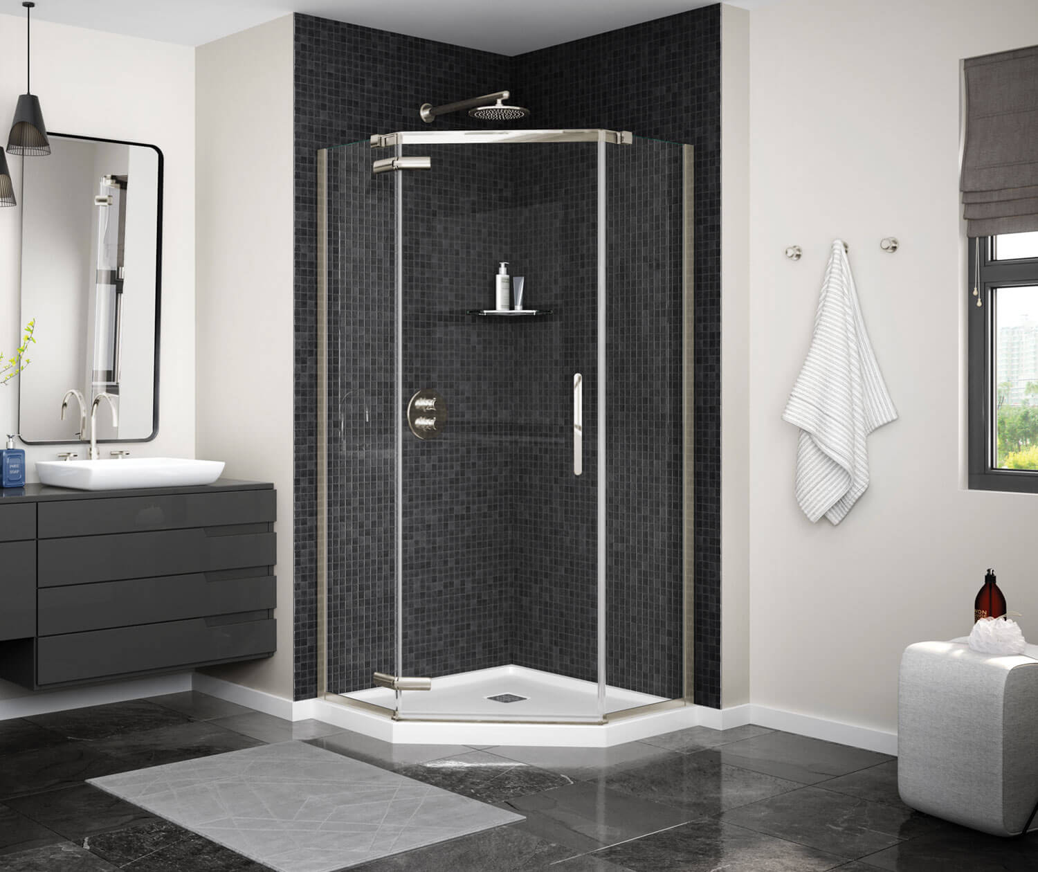 Link Curve Neo-angle 40 x 40 x 75 in. 8mm Pivot Shower Door for Corner Installation with Clear glass in Brushed Nickel - Plumbing Market
