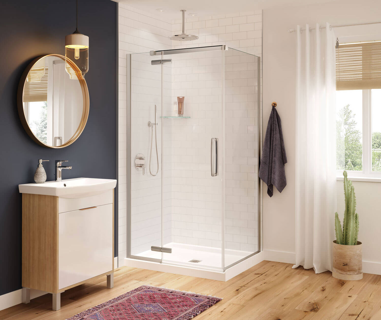 Hana Rectangular 42 x 34 x 75 in. 8mm Pivot Shower Door for Corner Installation with Clear glass in Chrome - Plumbing Market