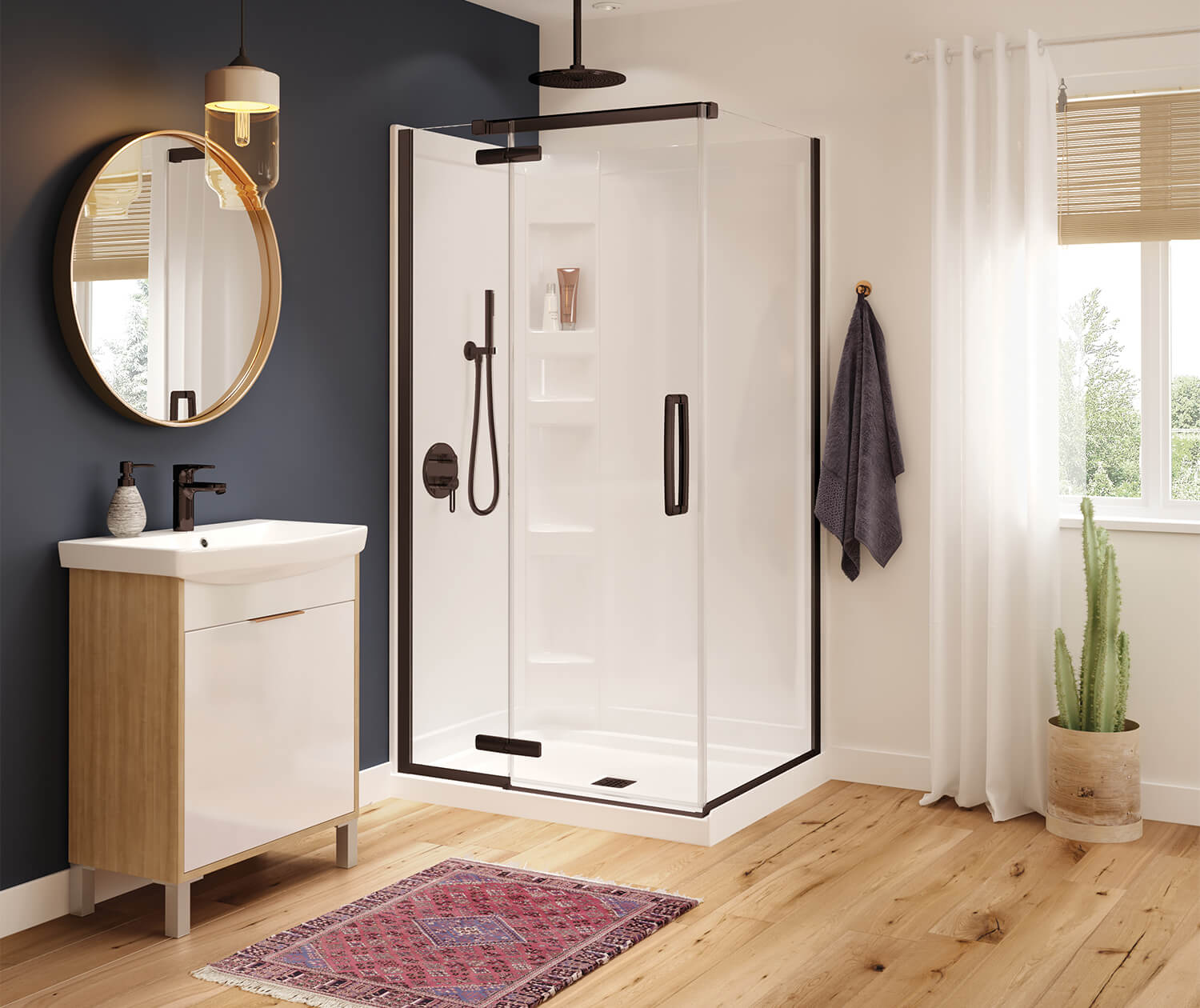 Hana Rectangular 42 x 34 x 75 in. 8mm Pivot Shower Door for Corner Installation with Clear glass in Dark Bronze - Plumbing Market