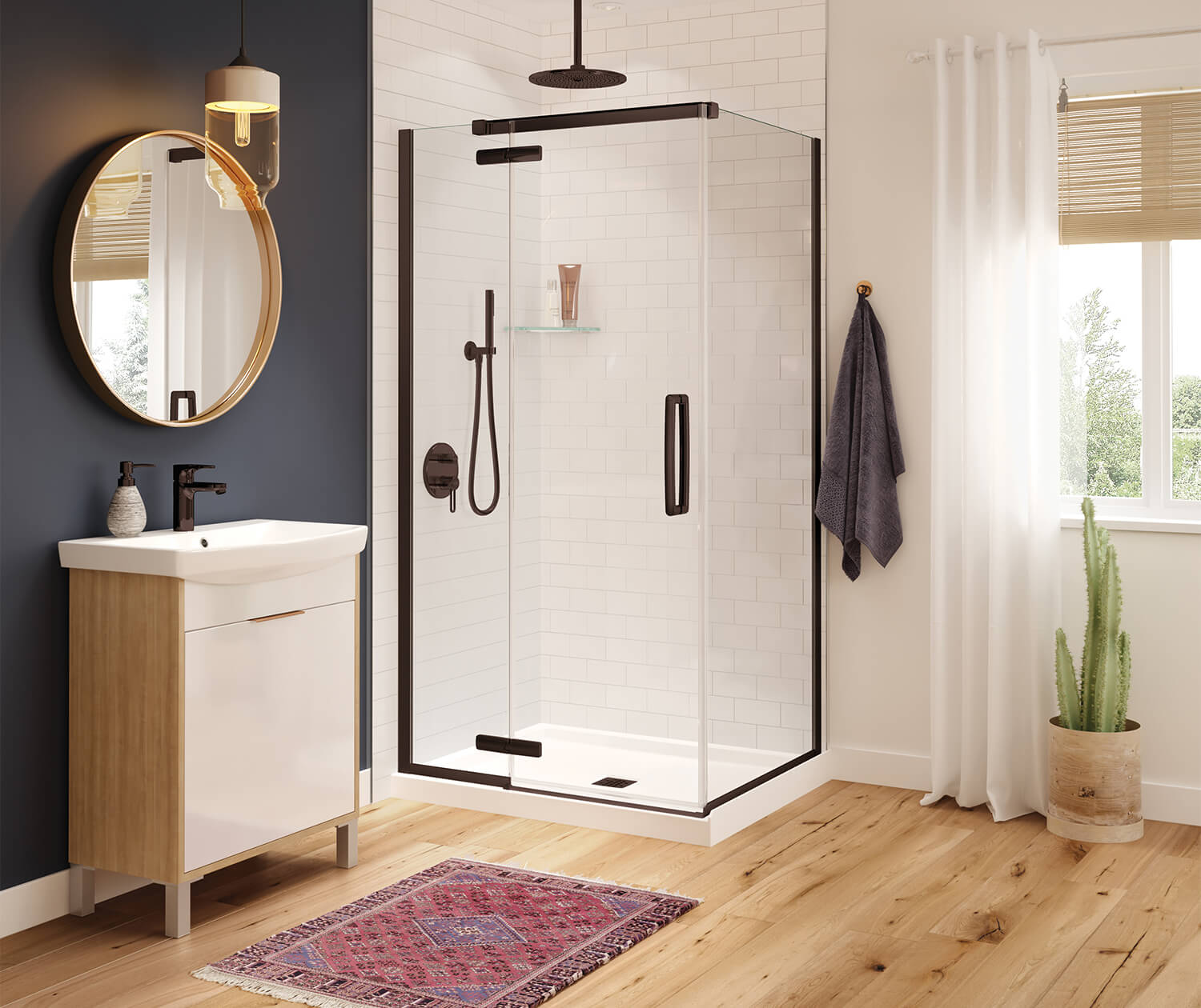 Hana Rectangular 42 x 34 x 75 in. 8mm Pivot Shower Door for Corner Installation with Clear glass in Dark Bronze - Plumbing Market