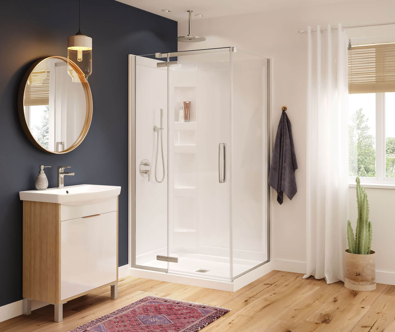 Hana Rectangular 42 x 34 x 75 in. 8mm Pivot Shower Door for Corner Installation with Clear glass in Brushed Nickel - Plumbing Market
