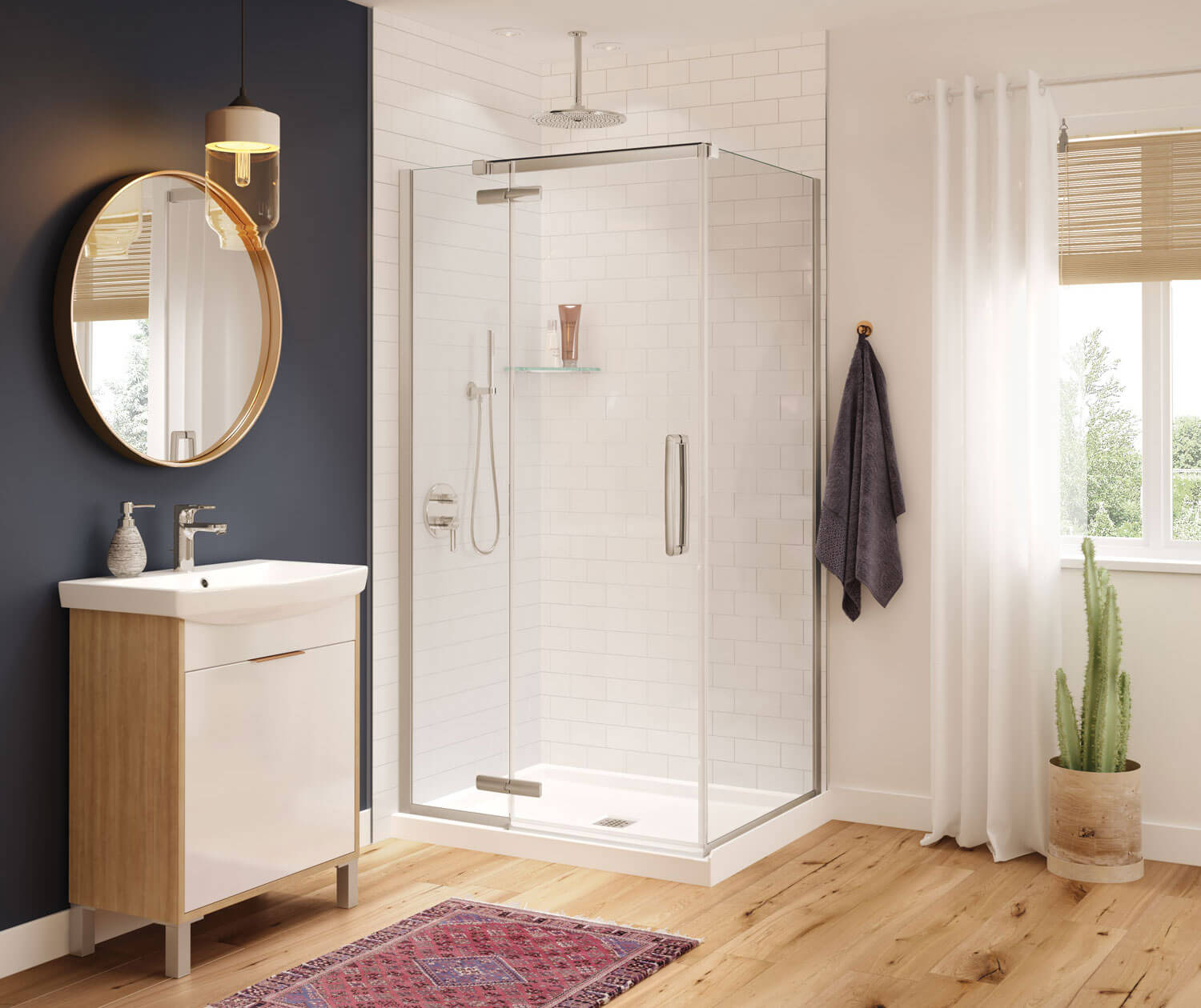 Hana Rectangular 42 x 34 x 75 in. 8mm Pivot Shower Door for Corner Installation with Clear glass in Brushed Nickel - Plumbing Market