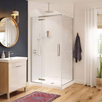 Hana Rectangular 42 x 34 x 75 in. 8mm Pivot Shower Door for Corner Installation with Clear glass in Brushed Nickel - Plumbing Market