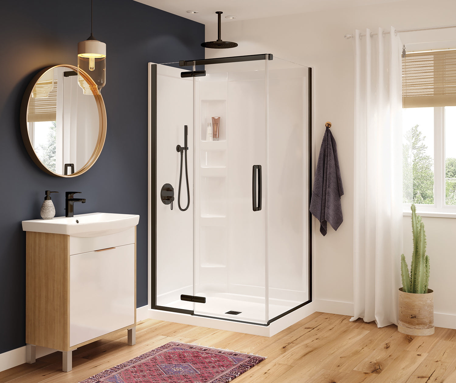Hana Rectangular 42 x 34 x 75 in. 8mm Pivot Shower Door for Corner Installation with Clear glass in Matte Black - Plumbing Market