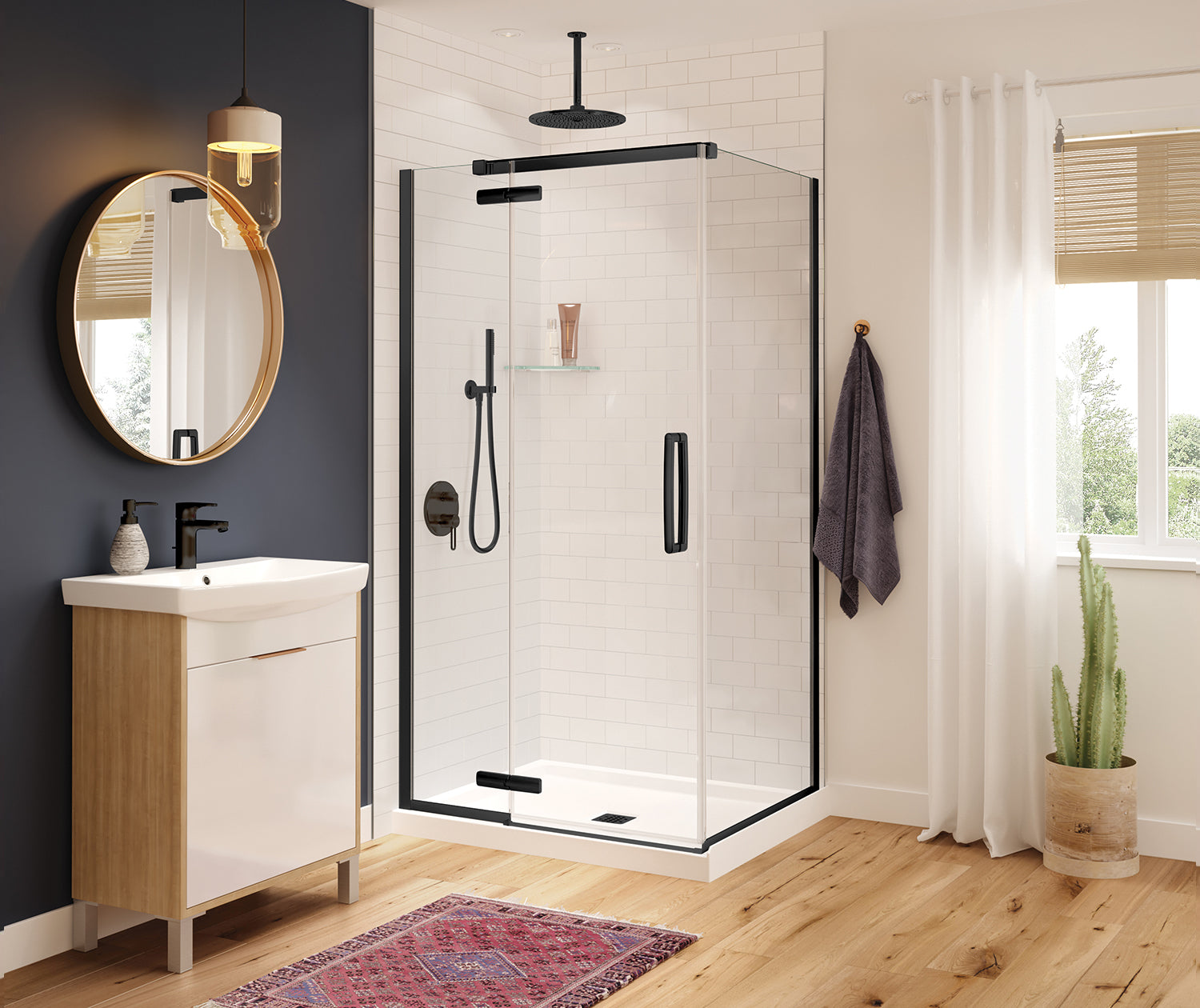 Hana Rectangular 42 x 34 x 75 in. 8mm Pivot Shower Door for Corner Installation with Clear glass in Matte Black - Plumbing Market