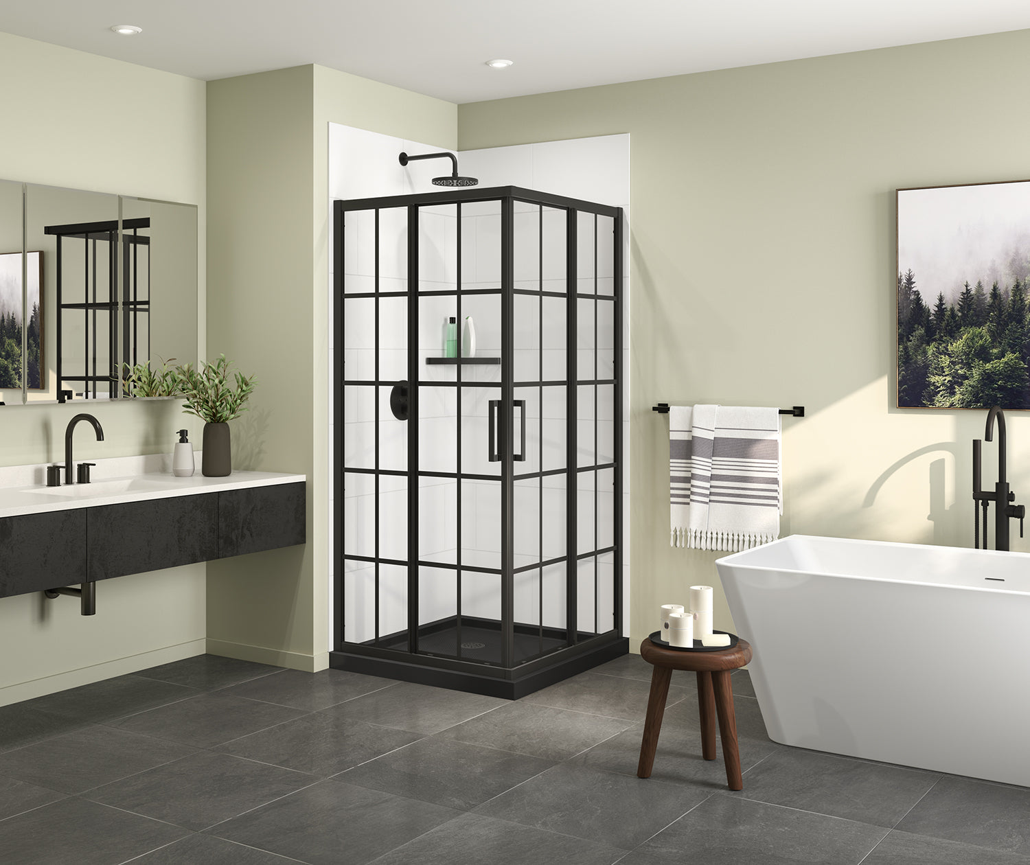 Radia Square 36 x 36 x 71 ½ in. 6 mm Sliding Shower Door for Corner Installation with French glass in Matte Black - Plumbing Market
