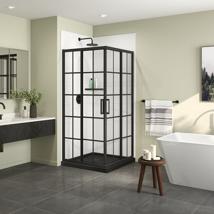 Radia Square 36 x 36 x 71 ½ in. 6 mm Sliding Shower Door for Corner Installation with French glass in Matte Black - Plumbing Market