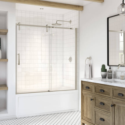 Maax Outback 55 ¼ - 58 1/2 x 57 in. 8mm Sliding Tub Door for Alcove Installation with Clear glass in Brushed Nickel 137682-900-305-000 - Plumbing Market