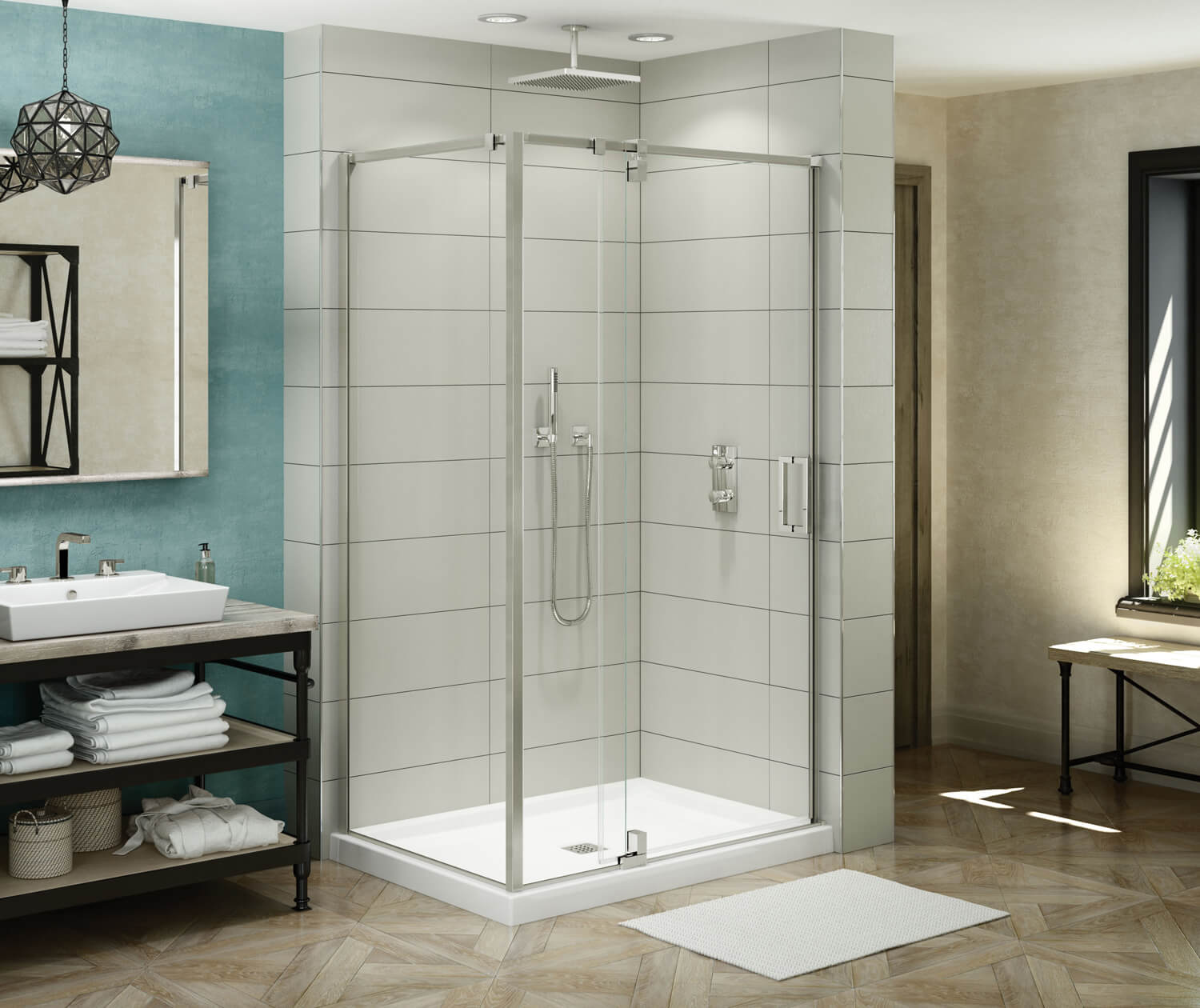 ModulR 48 x 34 x 78 in. 8mm Pivot Shower Door for Corner Installation with Clear glass in Brushed Nickel - Plumbing Market