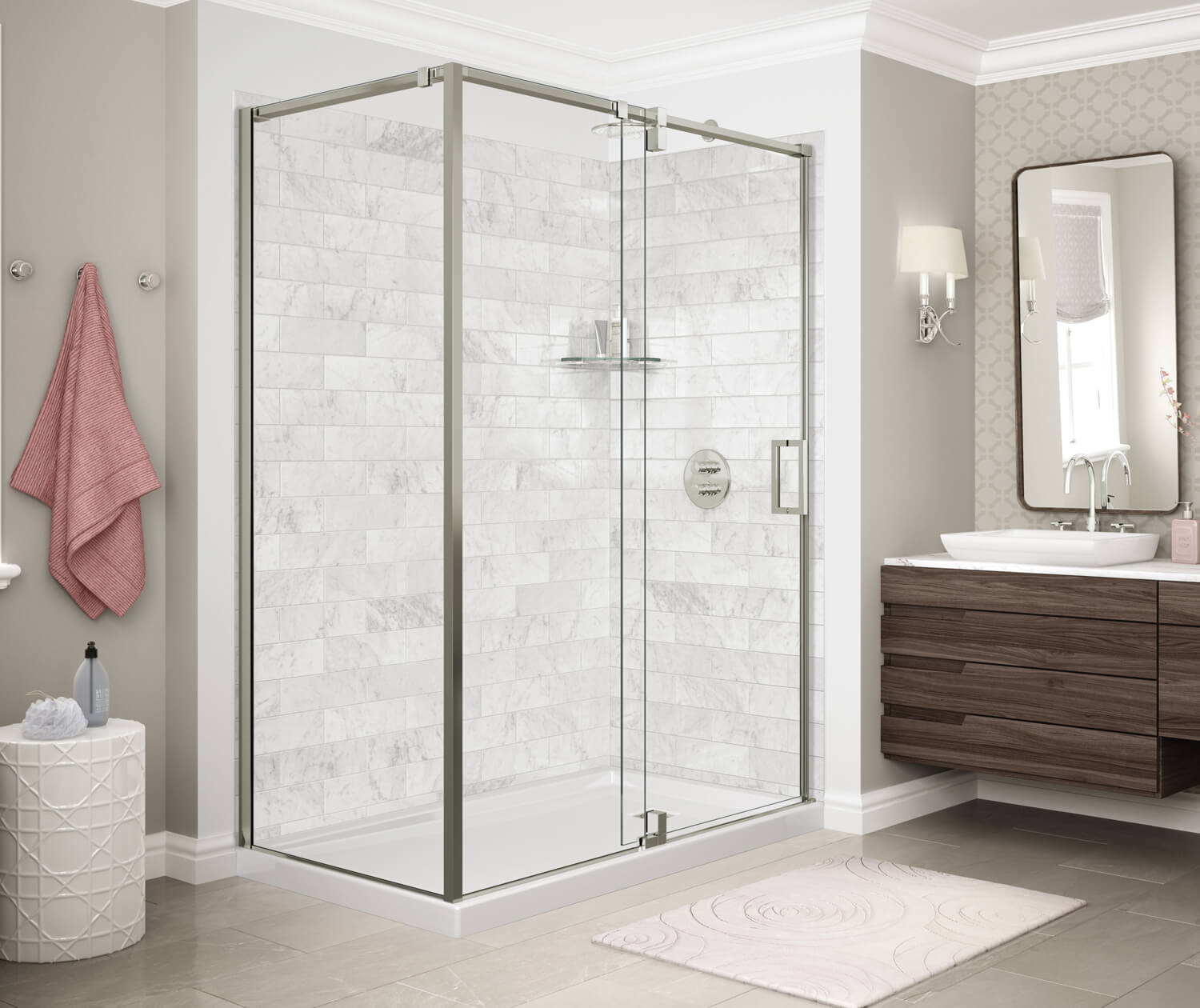 ModulR 60 x 36 x 78 in. 8mm Pivot Shower Door for Corner Installation with Clear glass in Brushed Nickel - Plumbing Market