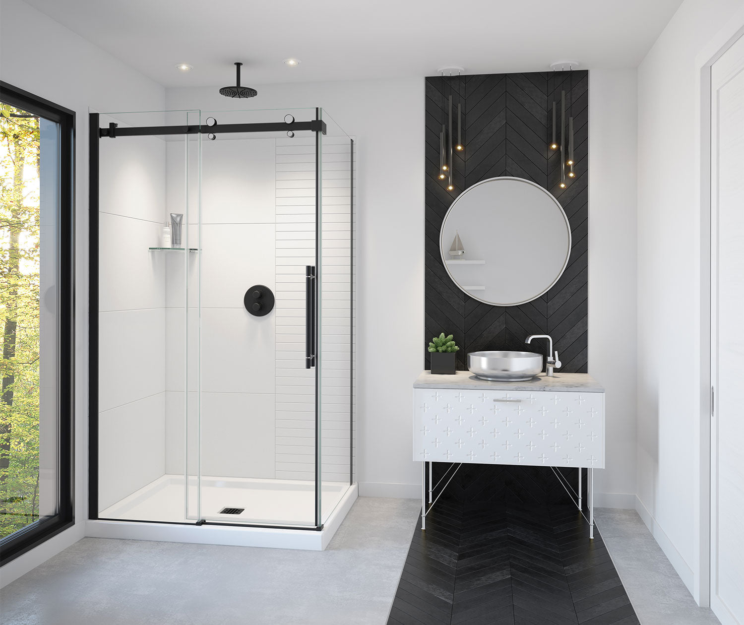 Vela 44 ½-47 x 78 ¾ in. 8mm Sliding Shower Door for Alcove Installation with Clear glass in Matte Black and Chrome - Plumbing Market