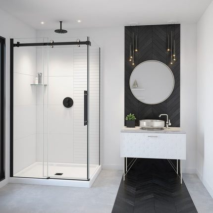 Vela 44 ½-47 x 78 ¾ in. 8mm Sliding Shower Door for Alcove Installation with Clear glass in Matte Black and Brushed Nickel - Plumbing Market