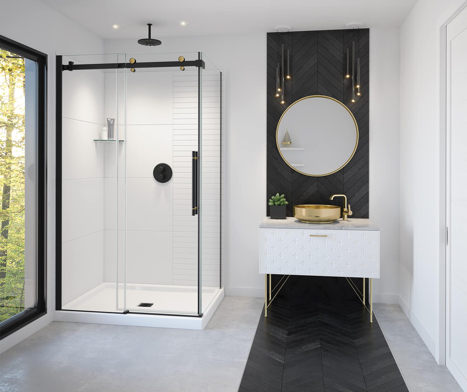 Vela 44 ½-47 x 78 ¾ in. 8mm Sliding Shower Door for Alcove Installation with Clear glass in Matte Black and Brushed Gold - Plumbing Market