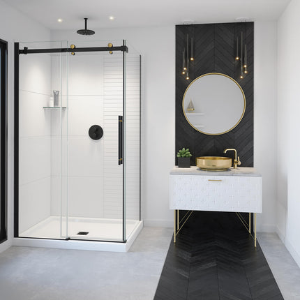Vela 44 ½-47 x 78 ¾ in. 8mm Sliding Shower Door for Alcove Installation with Clear glass in Matte Black and Brushed Gold - Plumbing Market