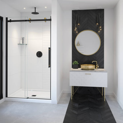 Vela 44 ½-47 x 78 ¾ in. 8mm Sliding Shower Door for Alcove Installation with Clear glass in Matte Black and Brushed Gold - Plumbing Market