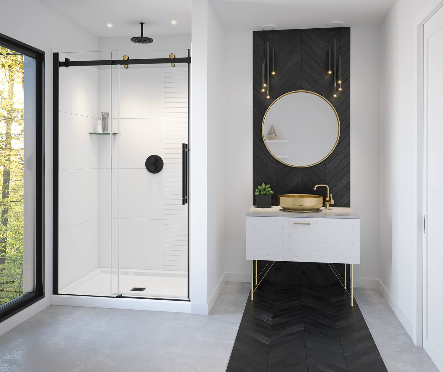 Vela 44 ½-47 x 78 ¾ in. 8mm Sliding Shower Door for Alcove Installation with Clear glass in Matte Black and Brushed Gold - Plumbing Market