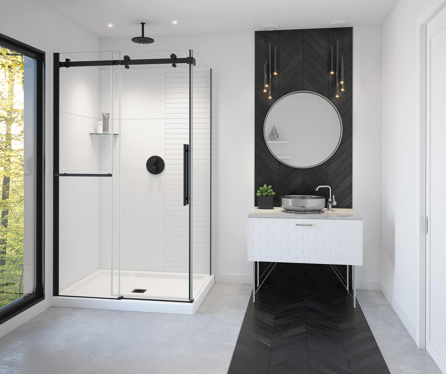 Vela 44 ½-47 x 78 ¾ in. 8mm Sliding Shower Door with Towel Bar for Alcove Installation with Clear glass in Matte Black - Plumbing Market