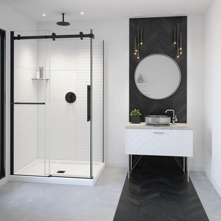 Vela 44 ½-47 x 78 ¾ in. 8mm Sliding Shower Door with Towel Bar for Alcove Installation with Clear glass in Matte Black - Plumbing Market