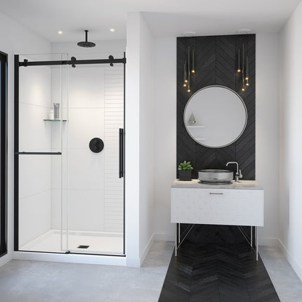 Vela 44 ½-47 x 78 ¾ in. 8mm Sliding Shower Door with Towel Bar for Alcove Installation with Clear glass in Matte Black - Plumbing Market