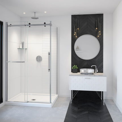 Vela 44 ½-47 x 78 ¾ in. 8mm Sliding Shower Door with Towel Bar for Alcove Installation with Clear glass in Chrome and Matte Black - Plumbing Market