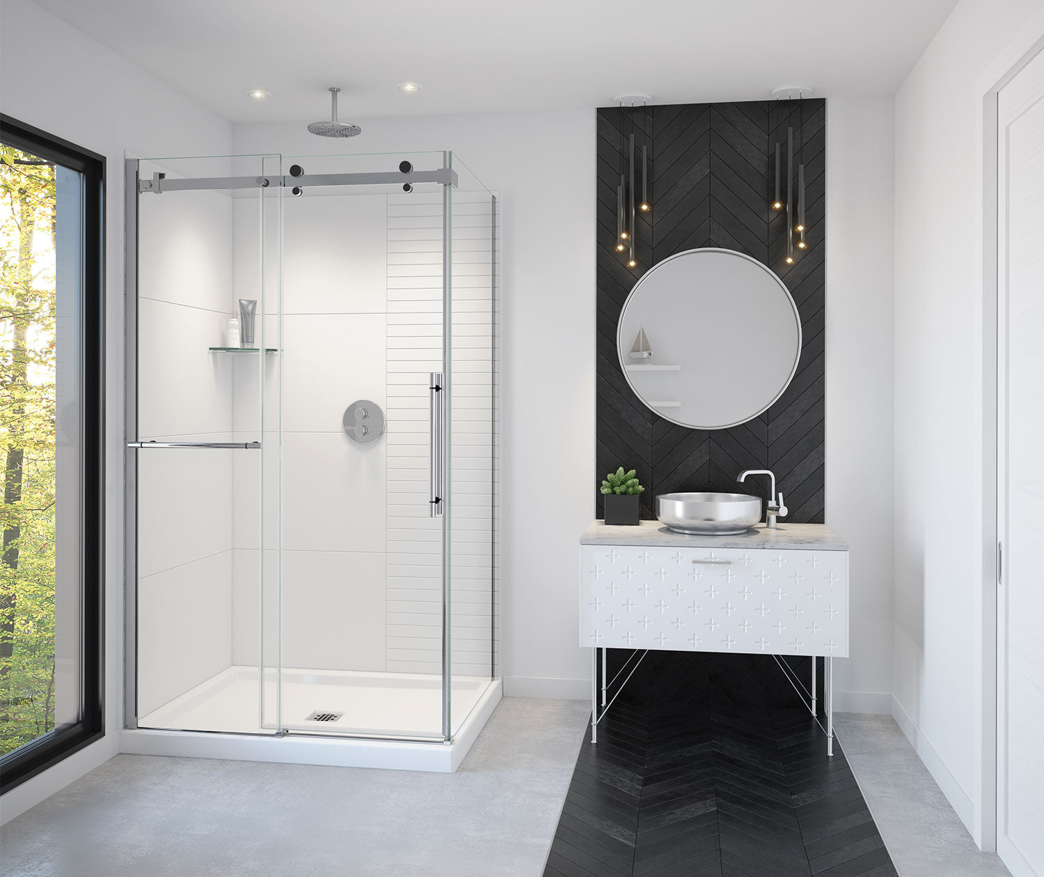 Vela 44 ½-47 x 78 ¾ in. 8mm Sliding Shower Door with Towel Bar for Alcove Installation with Clear glass in Chrome and Matte Black - Plumbing Market