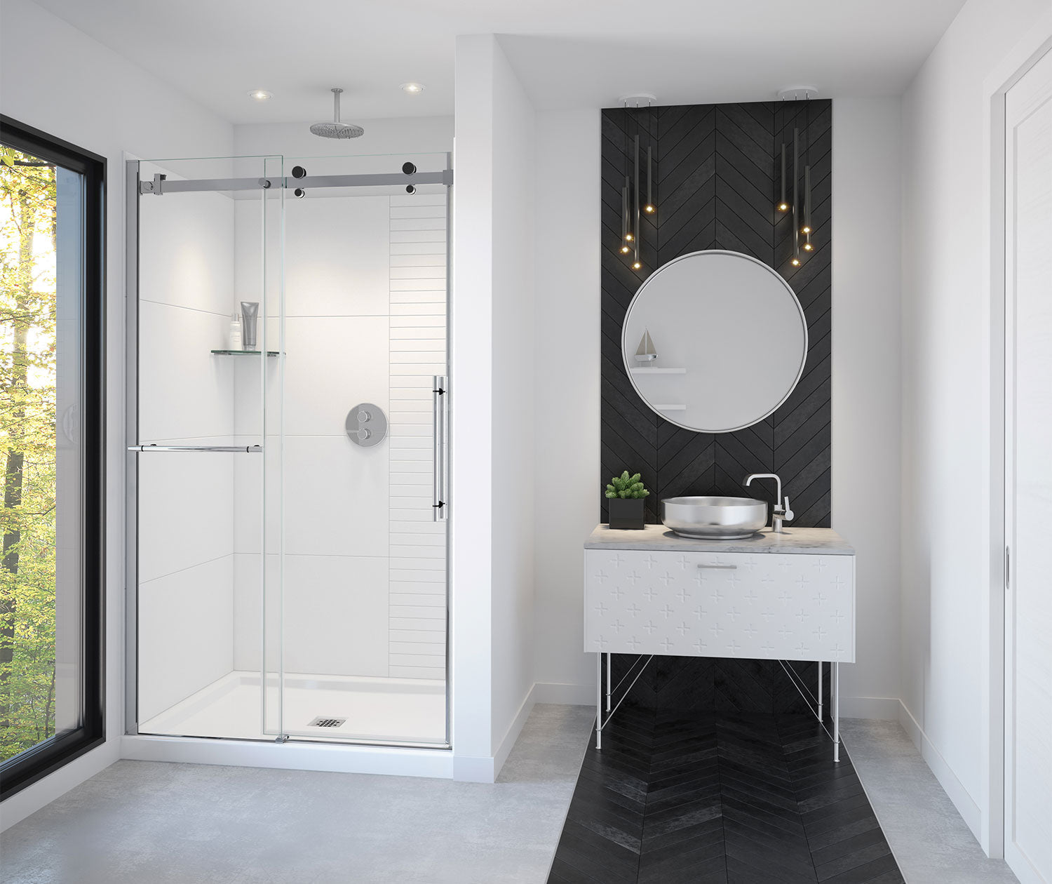 Vela 44 ½-47 x 78 ¾ in. 8mm Sliding Shower Door with Towel Bar for Alcove Installation with Clear glass in Chrome and Matte Black - Plumbing Market
