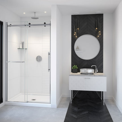 Vela 44 ½-47 x 78 ¾ in. 8mm Sliding Shower Door with Towel Bar for Alcove Installation with Clear glass in Chrome and Matte Black - Plumbing Market