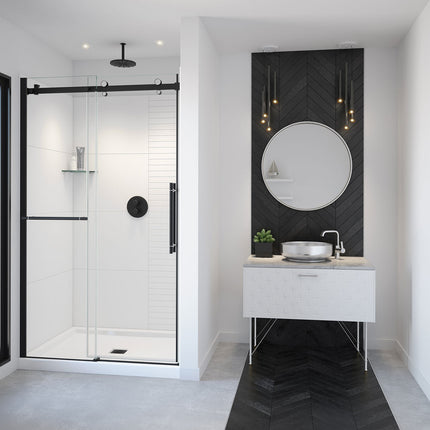 Vela 44 ½-47 x 78 ¾ in. 8mm Sliding Shower Door with Towel Bar for Alcove Installation with Clear glass in Matte Black and Chrome - Plumbing Market