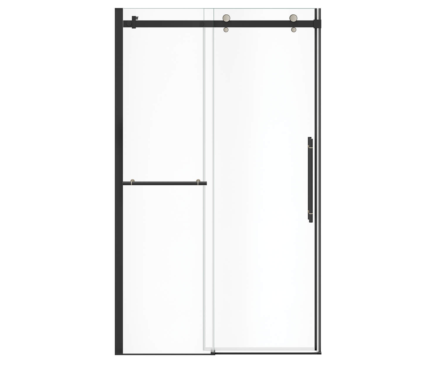 Vela 44 ½-47 x 78 ¾ in. 8mm Sliding Shower Door with Towel Bar for Alcove Installation with Clear glass in Matte Black and Brushed Nickel - Plumbing Market