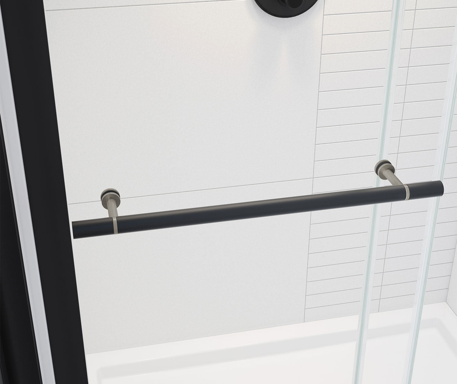 Vela 44 ½-47 x 78 ¾ in. 8mm Sliding Shower Door with Towel Bar for Alcove Installation with Clear glass in Matte Black and Brushed Nickel - Plumbing Market